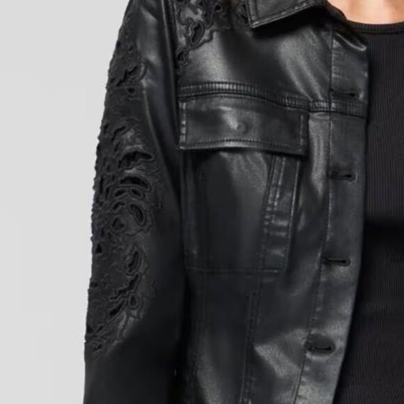 WHBM $220 Cutwork Coated Denim Flirty Jacket Leather look M - Picture 6 of 9